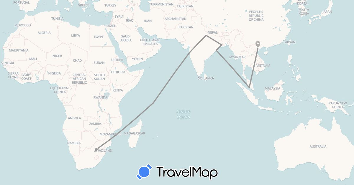 TravelMap itinerary: driving, plane in India, Malaysia, Seychelles, Vietnam, South Africa (Africa, Asia)